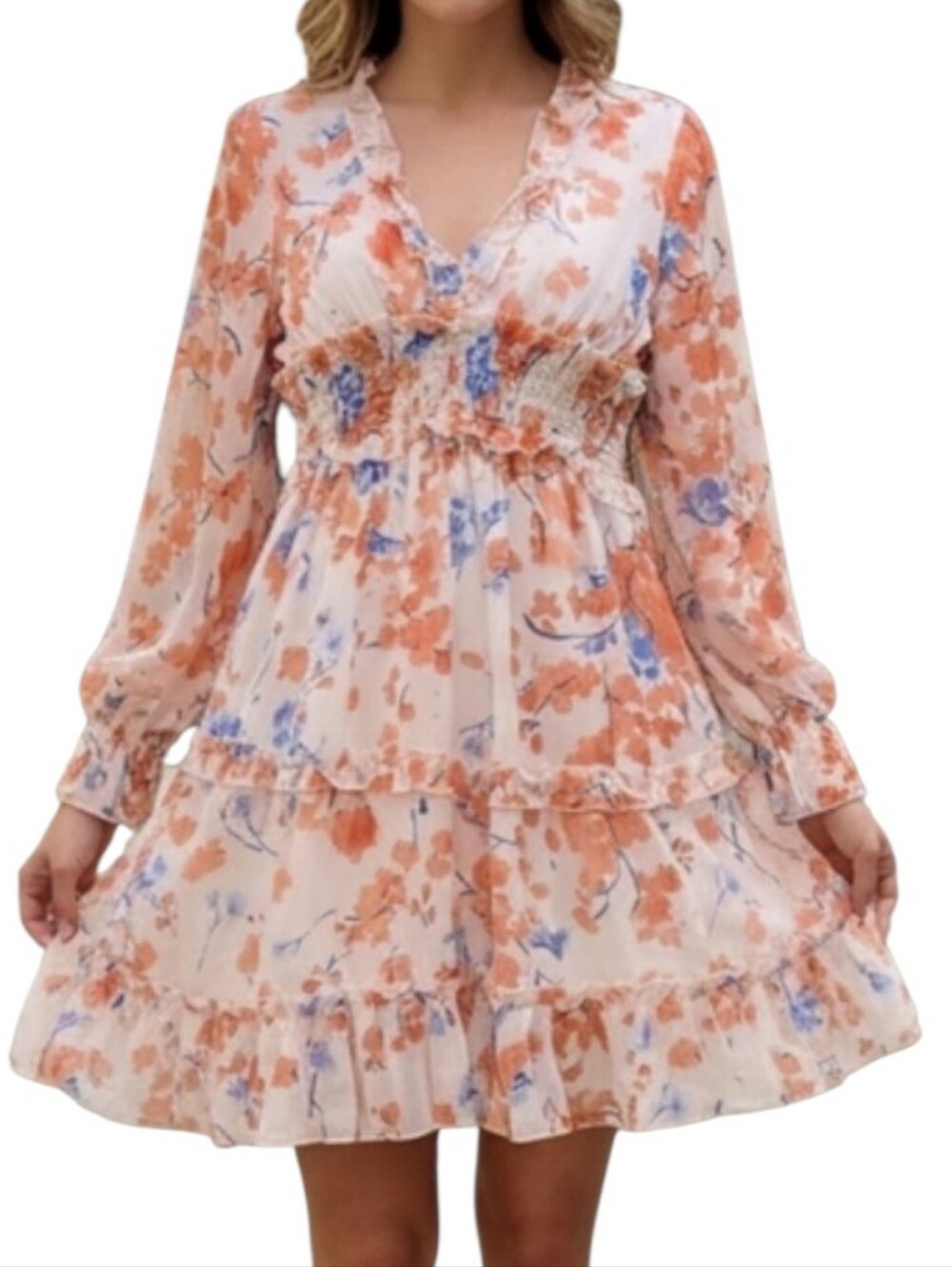 Boutique Floral Ruffle Mini Dress – Peach & Blue Print (Fits Like Medium) NWT